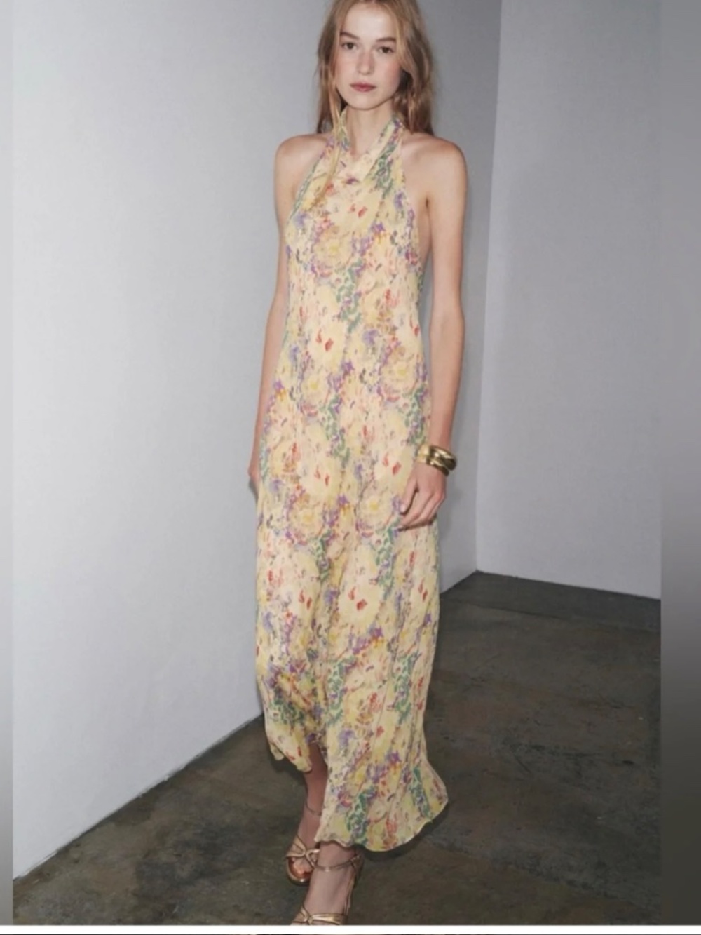 ZARA ZW Collection Floral Halter Maxi Dress Open Back Yellow NWT M - Picture 4 of 12